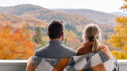 A couple enjoys a cozy autumn view wrapped in a blanket, surrounded by vibrant fall foliage and serene mountains.