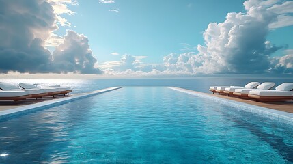 An infinity pool with loungers overlooks a calm ocean under a bright blue sky with puffy clouds.