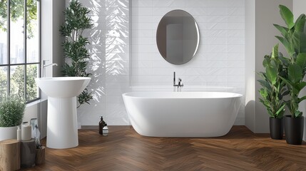 Modern Bathroom Interior Design with Bathtub  Sink  Mirror and Plants