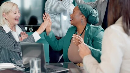 Poster - Celebration, high five and business people in office for meeting for success, partnership or agreement. Applause, diversity and group of professional creative designers clapping for goal in workplace