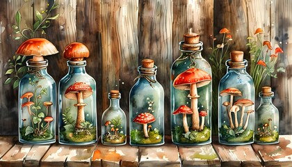 Whimsical watercolor depiction of mushrooms in glass jars on a wooden backdrop, celebrating botanical beauty and rustic charm in nature illustration