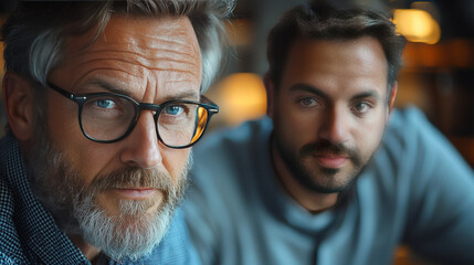 Close-up portrait of two men, one older with glasses and a beard, the other younger, looking thoughtfully at the camera.