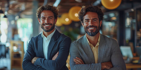 Two smiling businessmen stand with arms crossed in an office setting.