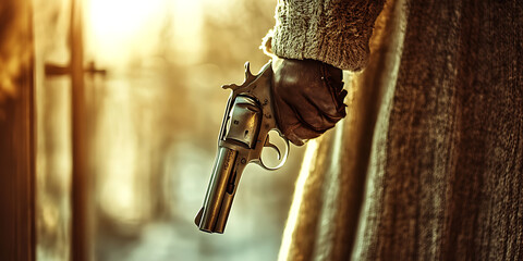 The Gunslinger's Hand: A close-up shot of a weathered hand holding a revolver, bathed in the warm glow of a setting sun. The image evokes a sense of danger, mystery, and the Wild West. The hand is shr