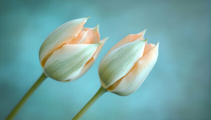 Two delicate peach and green tulips on a blue background.