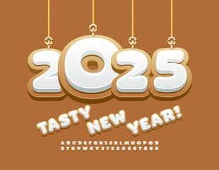 Poster - Vector sweet Greeting Card Tasty New Year 2025! Funny Kids Font. Gingerbread style Alphabet Letters and Numbers set