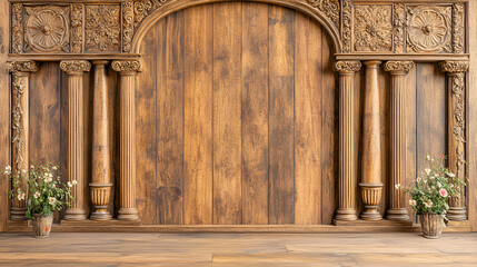 Classic premium luxury wood paneling wall background or texture Highly crafted traditional wood paneling wall and floor with a frame and column pattern Extra wide format Hand edited generative AI