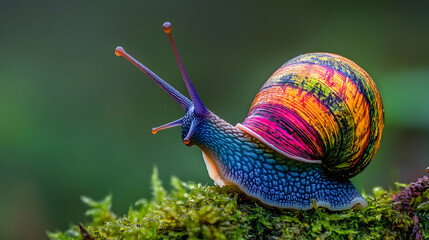 Colorful snail crawling on moss with a blurred green background.