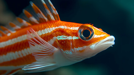 Close-up of a vibrant orange and white fish with a large, round eye.