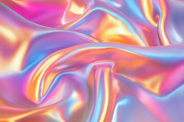 Wall Mural - Abstract iridescent holographic background with wavy folds and a purple, blue, yellow, and pink color gradient.