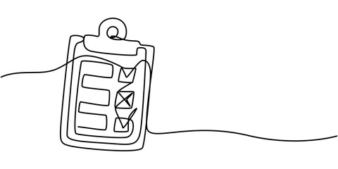 Poster - Clipboard with checklist and pen in one continuous line drawing. To do list with ticks and concept for test expertise and exam in simple linear style. Editable stroke. Doodle vector illustration, Clip
