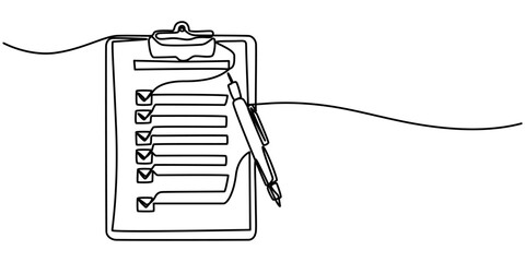 Poster - Clipboard with checklist and pen in one continuous line drawing. To do list with ticks and concept for test expertise and exam in simple linear style. Editable stroke. Doodle vector illustration, Clip