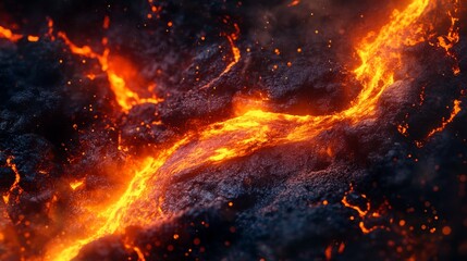 Fototapete - Molten Lava Flowing Across Dark Volcanic Rock