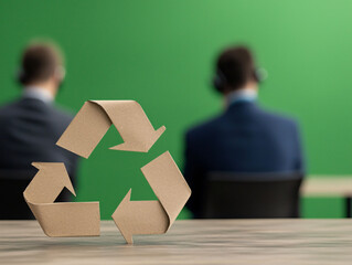 image features cardboard recycling symbol in foreground, with two individuals wearing headsets in background, set against green backdrop. This scene emphasizes sustainability and corporate responsibi