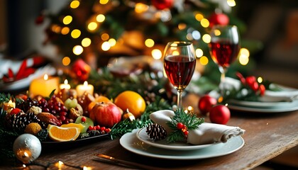 Wall Mural - Joyful Christmas Dinner Celebration with Festive Spread of Fruits, Gifts, and Beautifully Decorated Tree