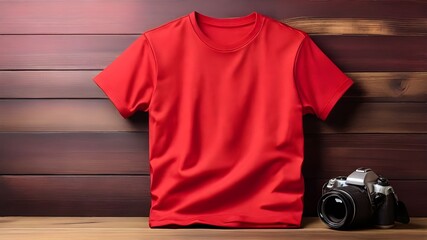 Sticker - Red t shirt on a hanger. Red t shirt blank mockup on woody background. Dual side mockup. Front side and backside blank space.	