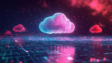 Poster - Digital cloud breaking apart into data streams, creating vibrant and futuristic atmosphere. scene is filled with colorful particles and glowing grid, evoking sense of innovation and technology