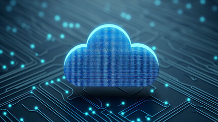 Fototapete - Digital cloud technology represents floating cloud composed of binary code, surrounded by network of glowing circuits. This image captures essence of modern data storage and connectivity