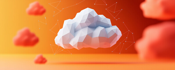 Poster - A geometric cloud icon is surrounded by floating data points, creating modern and dynamic visual. vibrant orange background enhances futuristic feel of design