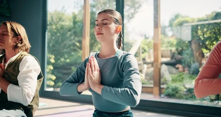 Poster - Yoga, group and meditation with namaste in class for holistic wellness, mindfulness and spiritual healing on floor. People, praying hands and breathing for mental health balance, peaceful and fitness