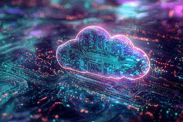 Poster - A vibrant holographic cloud with embedded AI circuits floats above digital landscape, showcasing fusion of technology and creativity. scene is illuminated with colorful lights, creating futuristic atm