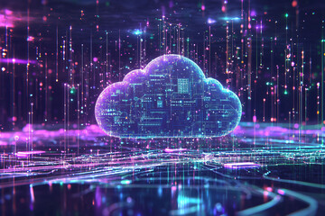 Poster - A holographic cloud with embedded AI circuits is surrounded by vibrant, colorful data streams, creating futuristic digital landscape. This image evokes sense of advanced technology and innovation