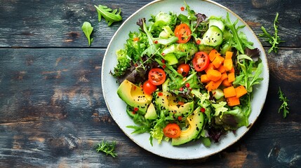 Salad with mixed greens, avocado, and protein-rich ingredients on a white plate