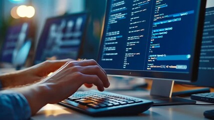 Close-up of hands typing code on a keyboard, with multiple screens displaying programming code in a modern tech workspace.