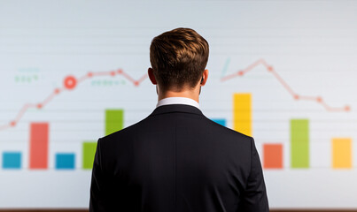 Poster - Businessman analyzing data on projection screen, showcasing various colorful graphs and charts. scene conveys sense of focus and determination in professional setting
