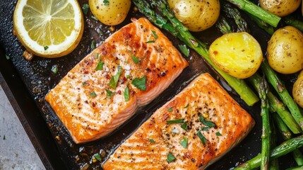 Wall Mural - Grilled salmon and vegetables