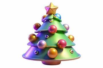 Wall Mural - 3D Holographic Christmas Tree Icon: Festive 2025 Spirit with Colorful Ornaments on White Background