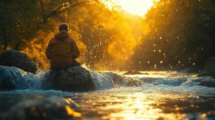 A person sitting on a rock by a flowing river at sunset.