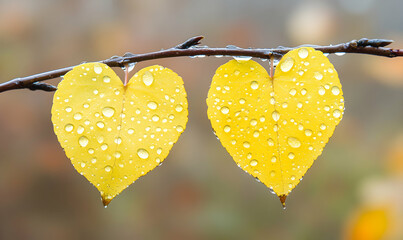 Two heart-shaped leaves covered in raindrops.