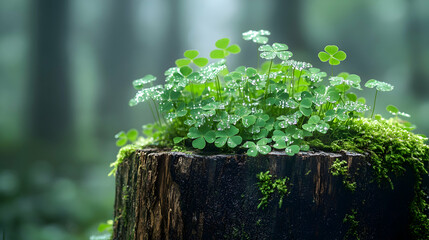 Sticker - Lush green clover leaves on a mossy tree stump, a symbol of rebirth and new beginnings in nature.