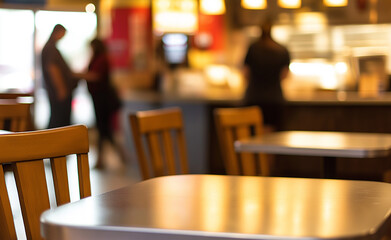 Empty chairs and table at a fast food restaurant in low light.