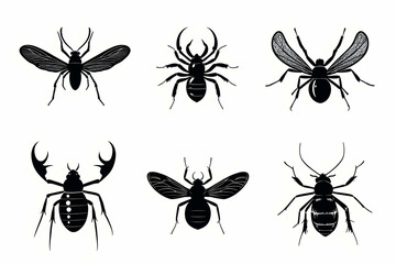 Set of 6 black silhouette insects.