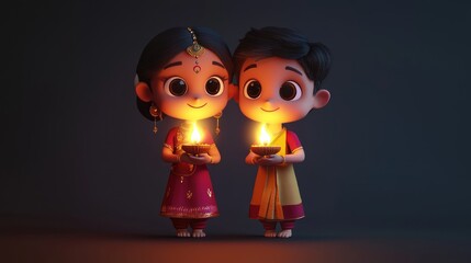 Adorable 3D cartoon Indian couple together, each holding a glowing diya lamp.