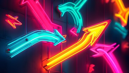 Poster - Dynamic abstract pattern of vibrant neon arrows directing in various ways