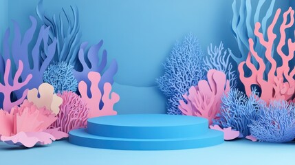 blank blue podium on paper cut colorful corals and reefs background