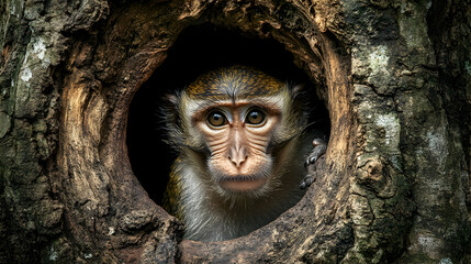 A monkey peering out of a tree trunk, with curious eyes.