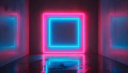 Wall Mural - Futuristic neon pink square frame glowing in darkness, reflecting on wet floor against a blue-lit wall, creating an abstract ambiance