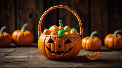 Pumpkin basket on old wood table, Halloween party concept