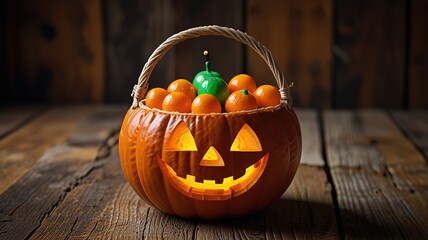 Pumpkin basket on old wood table, Halloween party concept