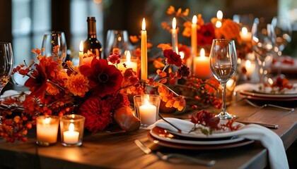 Cozy autumn and winter centerpiece featuring vibrant red and orange flowers, flickering candles, and elegant wine glasses