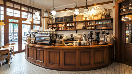 
Interior design of cafe with wooden vintage style, decorated with warm and cozy tones, relaxing tones with classic old wood round corner counter and coffee machinery. 