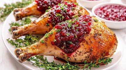 Roasted Turkey Legs with Cranberry Sauce and Thyme Garnish