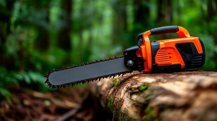 A chainsaw resting on a fallen tree trunk in the middle of a forest, ready for cutting logs with its bright orange handle standing out.