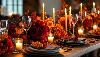 Wall Mural - Cozy autumn and winter centerpiece featuring vibrant red and orange flowers, flickering candles, and elegant wine glasses