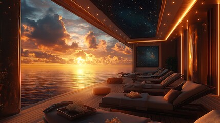 Wall Mural - Luxury yacht deck with sunset view and lounge chairs.