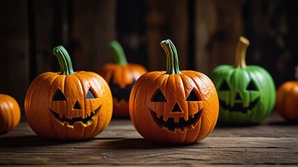 Pumpkin basket on old wood table, Halloween party concept